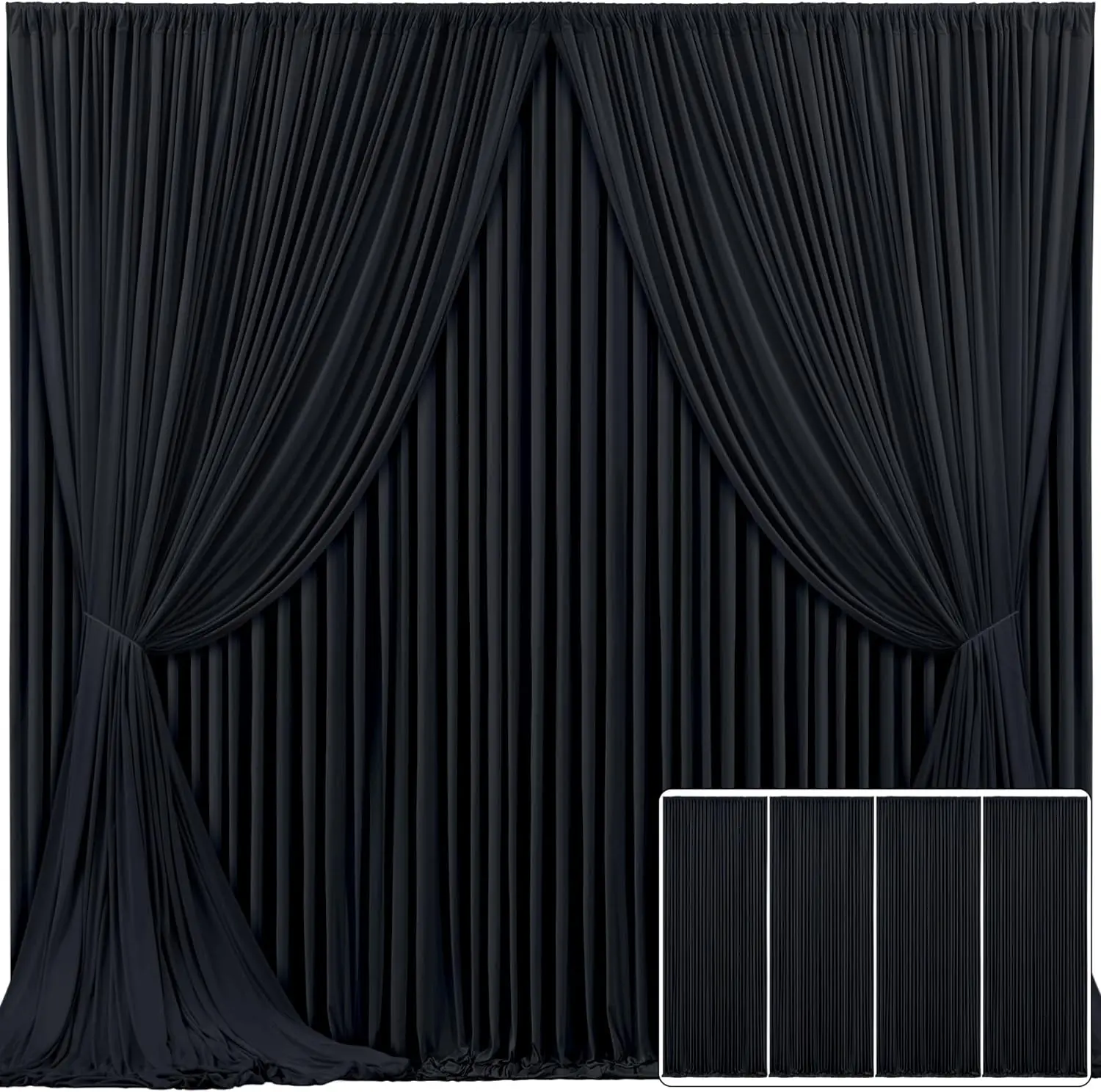 20ft×10ft Wrinkle Free Black Backdrop Curtain for Party, 4 Panels 5×10 ft Silky Polyester Photo Backdrop Drapes for Birthday Par