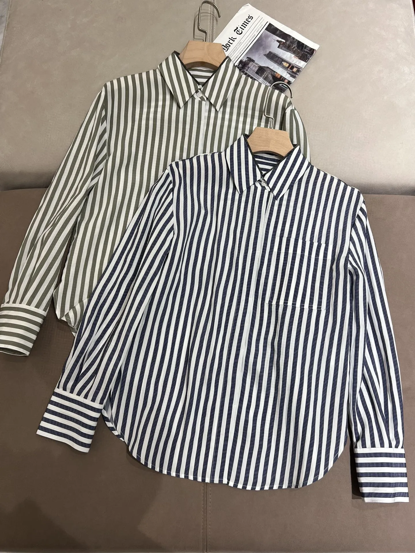 

24 Spring New B*C Striped Shirt Neckline With Bead Chain Fashion Blouses Design Vintage Loose Tops