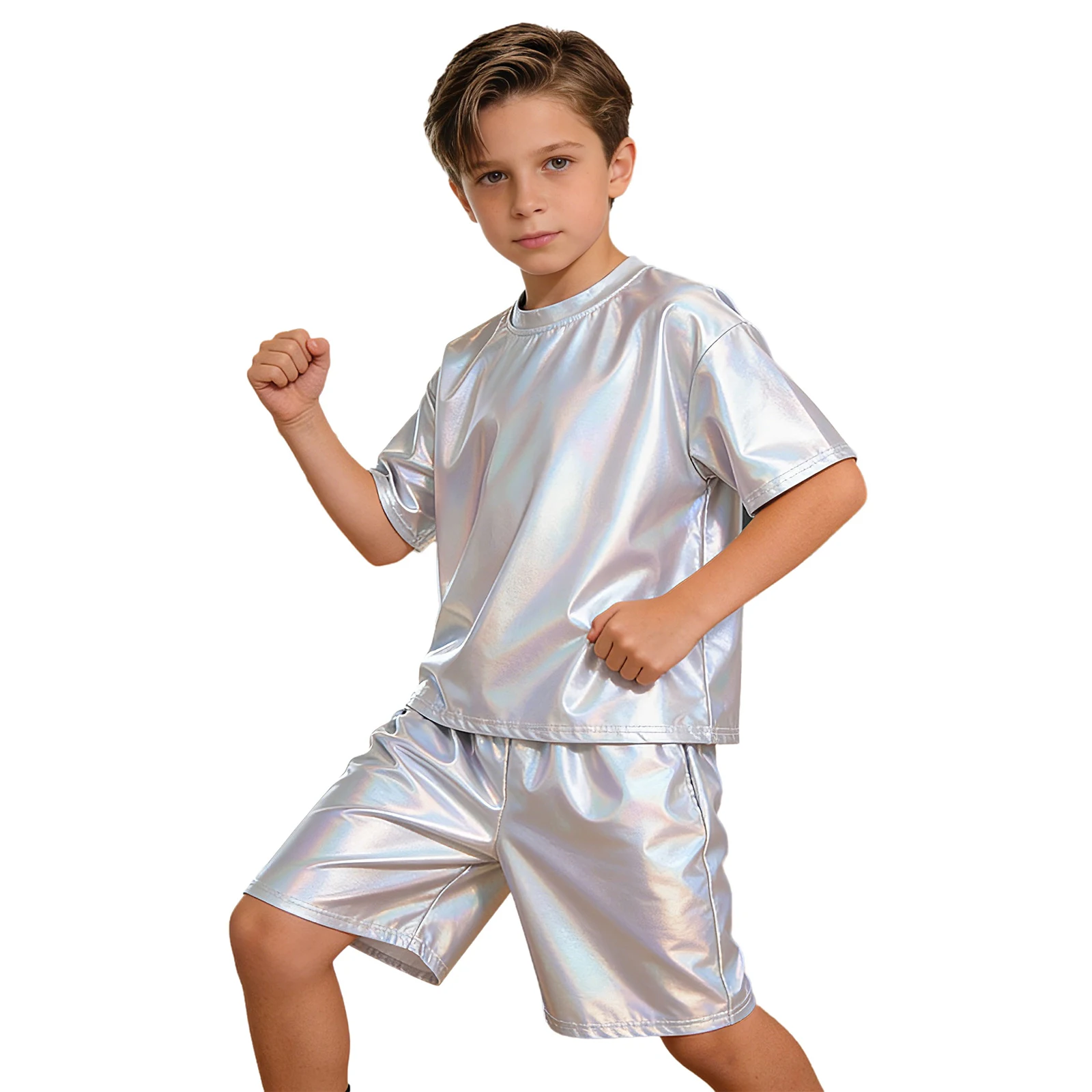 Boys 2 Pieces Metallic Outfit Hip Hop Jazz Dance Costume Round Neck Short Sleeve T-shirt with Shorts for Stage Performance Party