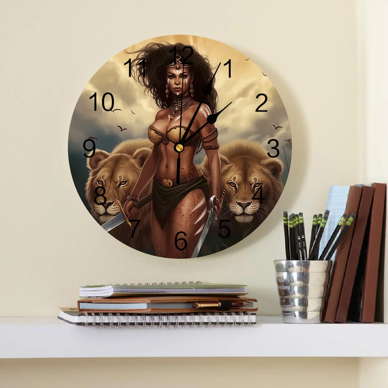 African Savanna Woman Lion Wall Clock Silent Digital Clocks for Home Bedroom Kitchen Decoration Hanging Watch