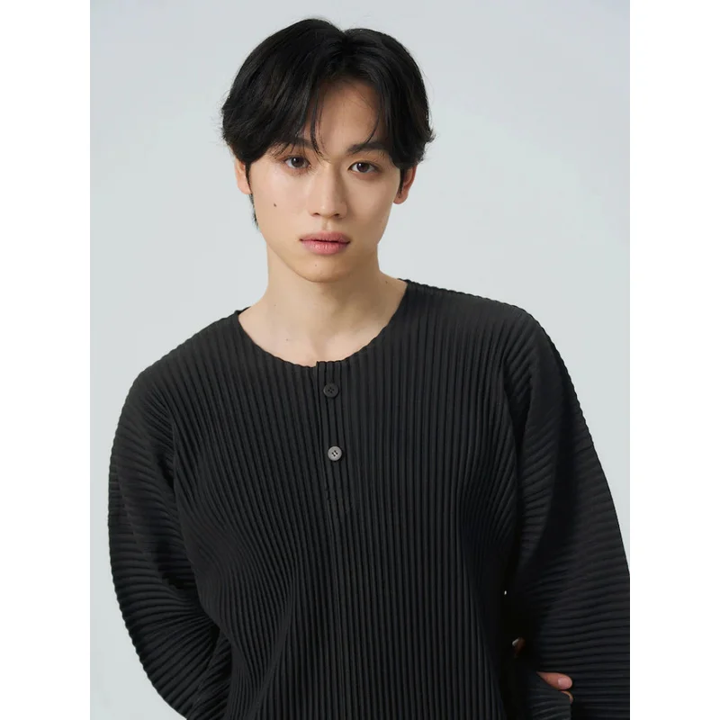 Japanese Plisse Pleated Shirt Men Henley Neck Long Sleeve Top Loose Fit Minimalist Casual Korean