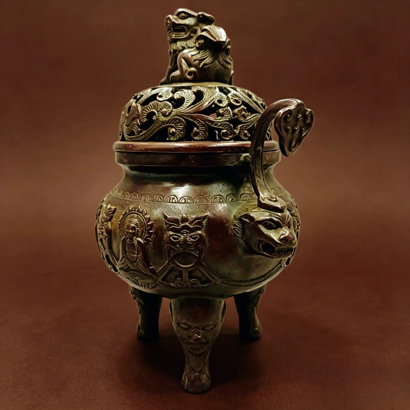 Antique Lion Finial Buddha Embossed Incense Burner Vintage Oriental Censer room Decorative Sculpture for Home Worship