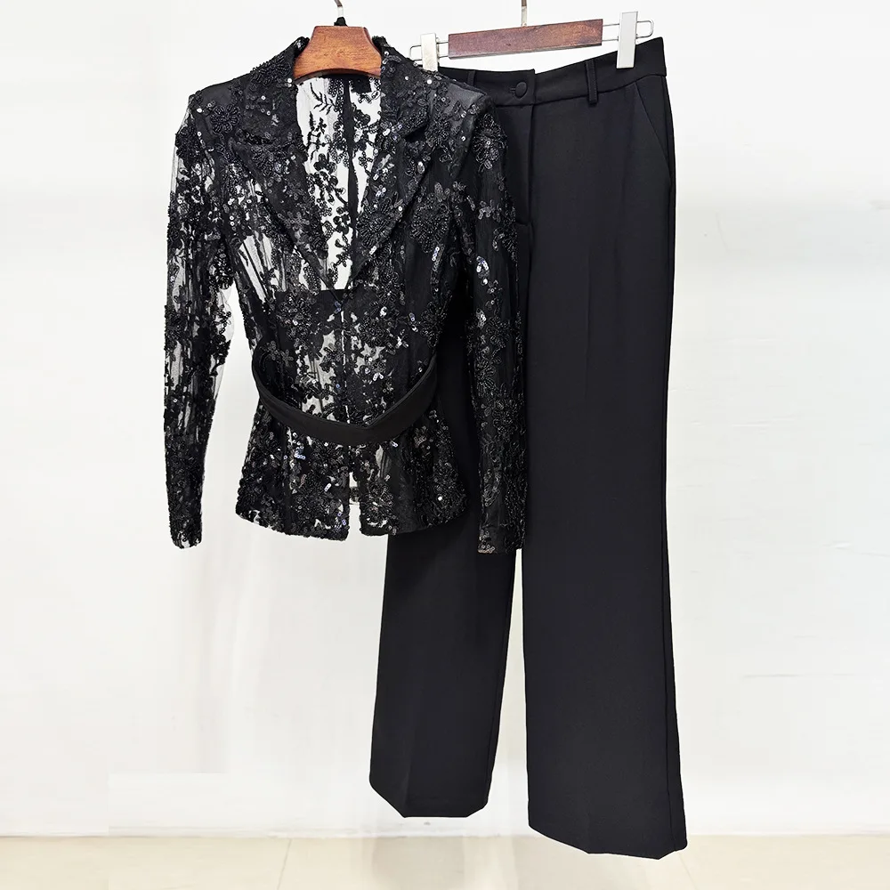 HIGH QUALITY Newest 2026 Designer Suit Set Women's Netting Embroidery Bead Jacket Long Pants Set 2pcs