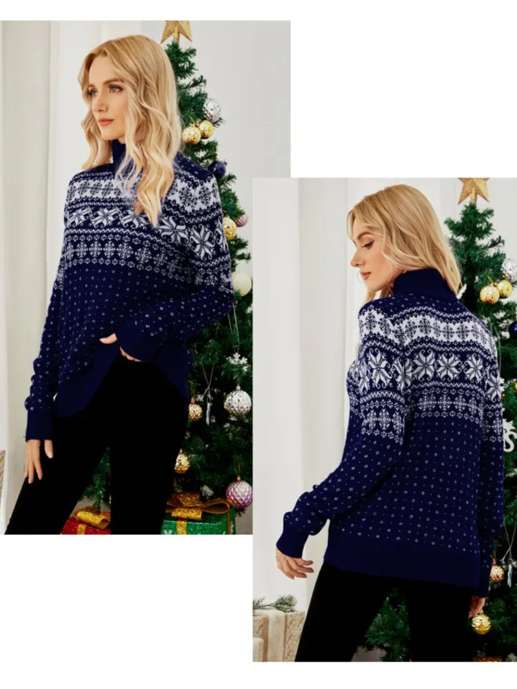 Nuovo maglione natalizio a collo alto da donna Autunno Inverno Maglioni lavorati a maglia casual Morbido pullover jacquard allentato Top Look natalizio femminile