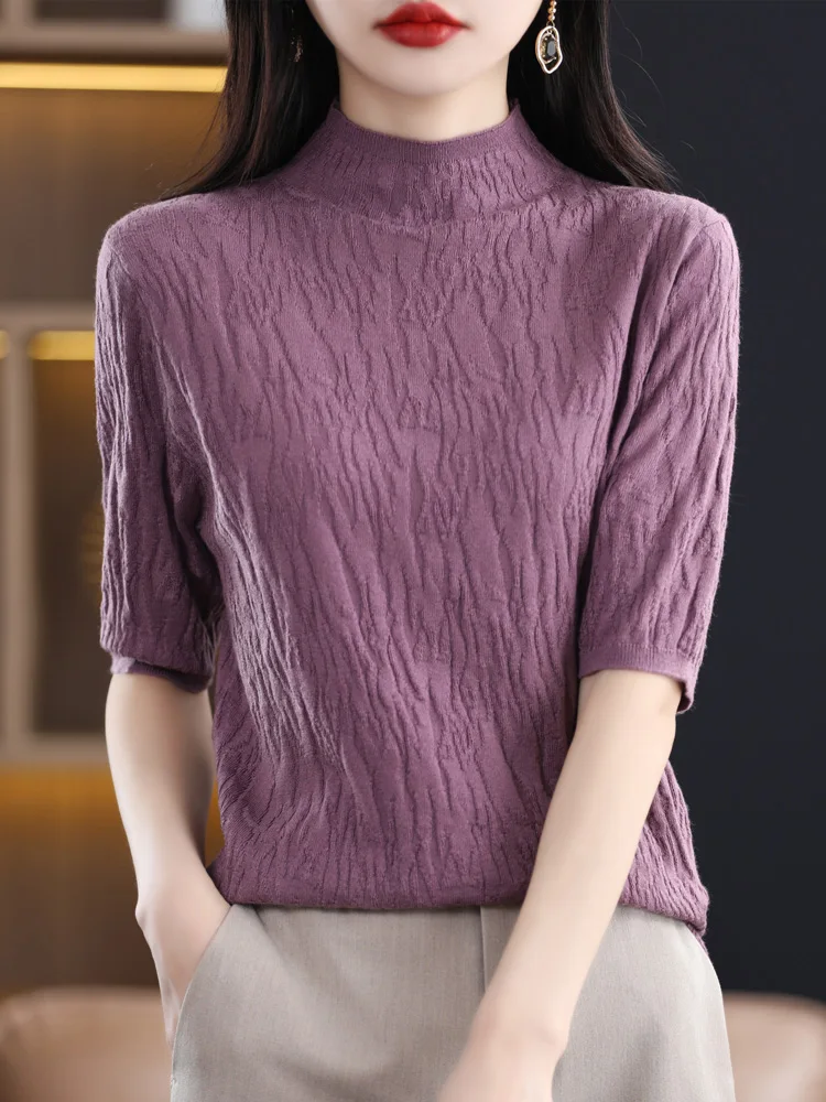 Women's Wool Knitted f High Collar Five Sve Base irt ort Sve Top Textured Spring Autumn New Sle Snowy eep Brand