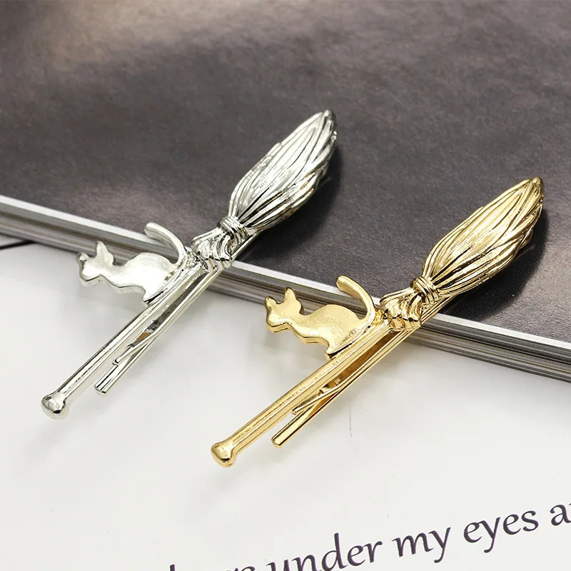 Women Hair Clip Personality Cat Witch Broom Hairpin Golden Silver Lady Girls Gift Charm Barrette Pins Hair Clips Accessories