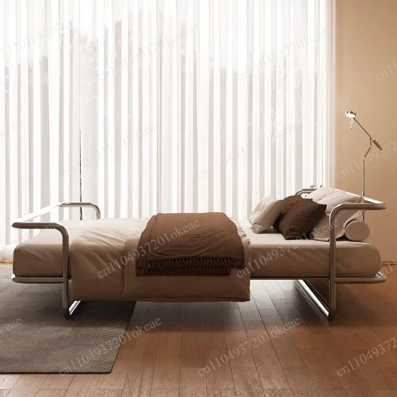 Italian Stainless Steel, Minimalist, Suspended Double Bed, Modern Metal Industrial Style, Steel Tube Bauhaus Iron Frame Bed