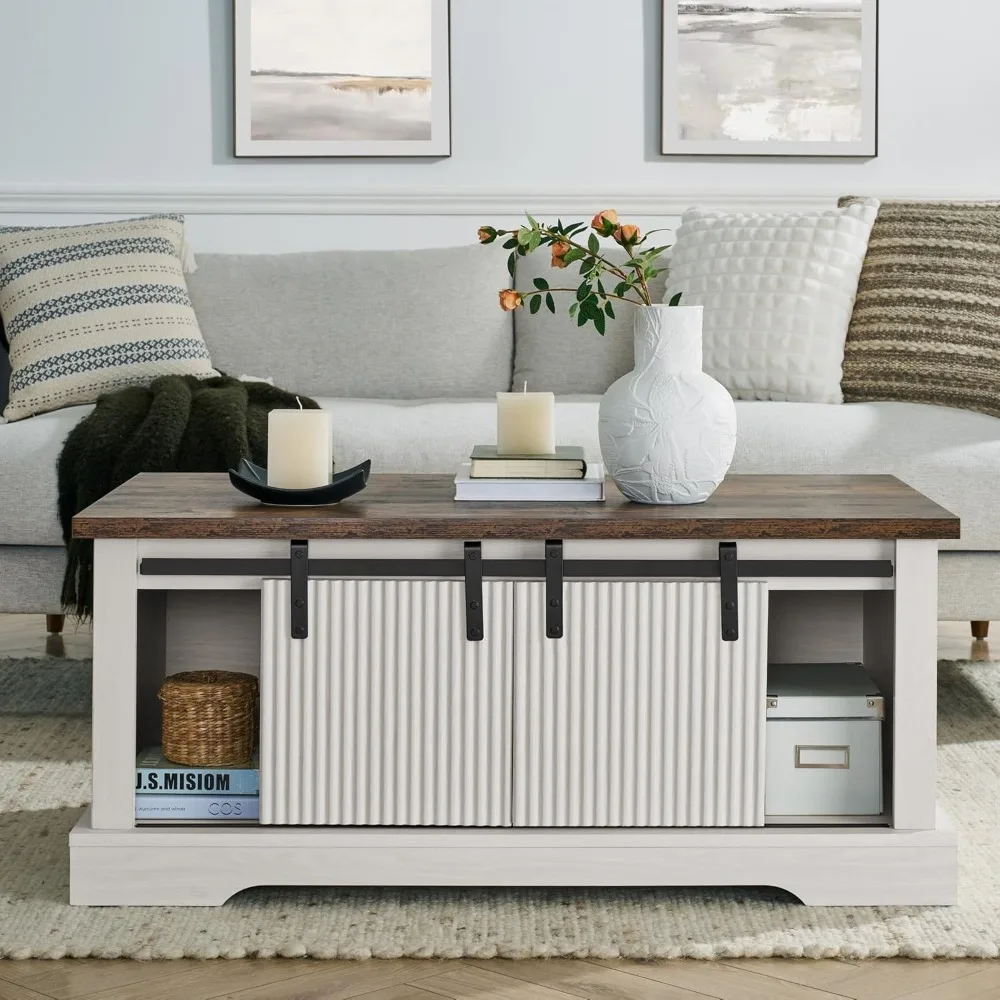 Rustic Farmhouse-Style Coffee Table with Sliding Barn Door and Storage Compartment