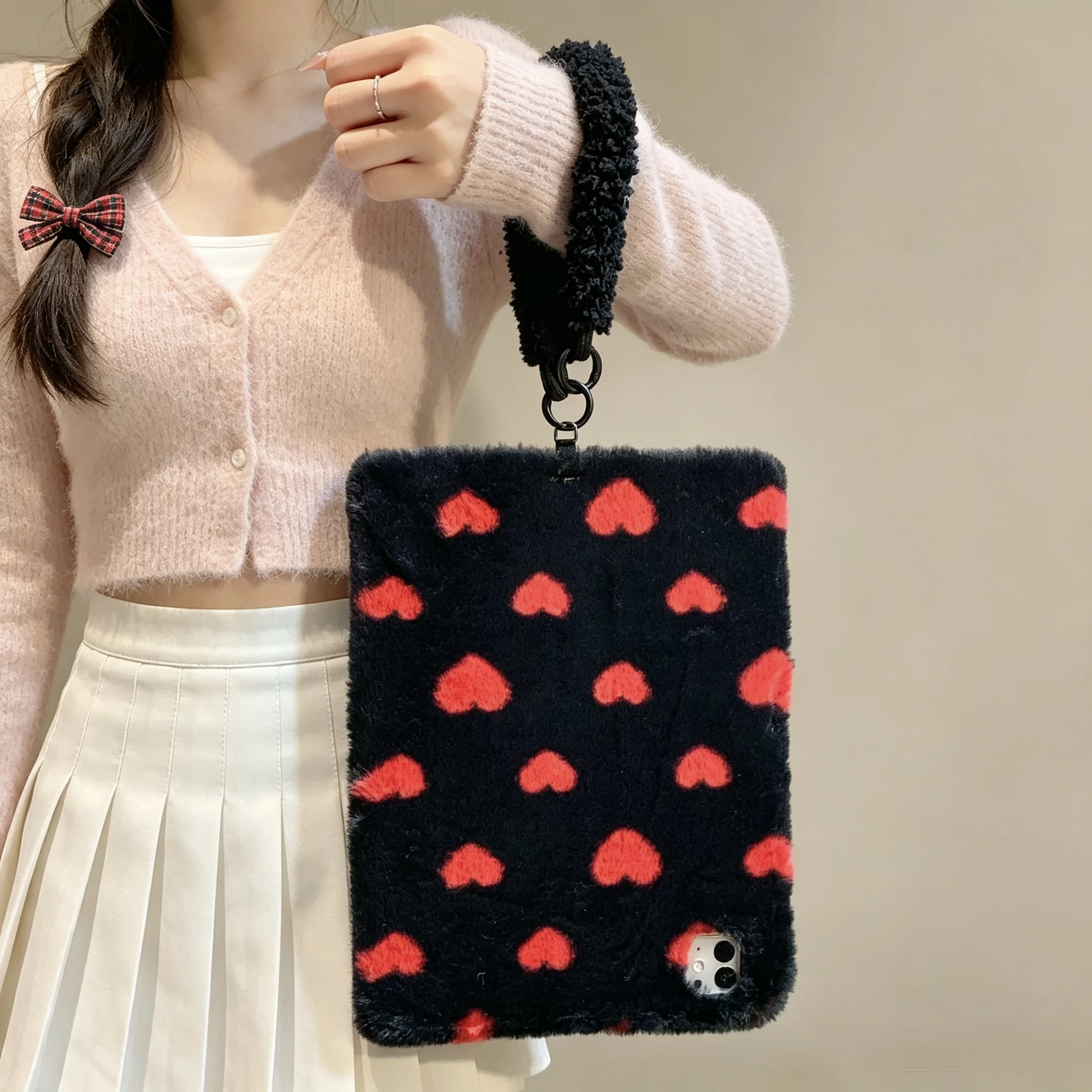 Vintage Leopard Plush iPad Case,Soft Fluffy Heart Texture Tablet Cover Pencil Holder For ipad Pro Air 4/5/6/7/8/9/10 11 13