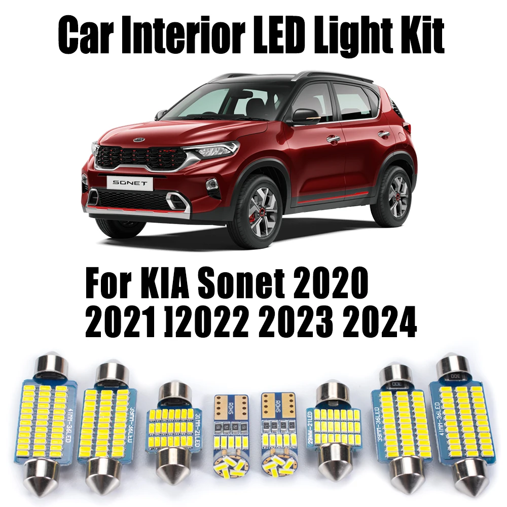

8 шт. лампа освещения багажника Canbus для KIA Sonet 2020 2021 2022 2023 2024 автомобильный светодиодный комплект внутреннего освещения купольного номерного знака, аксессуары