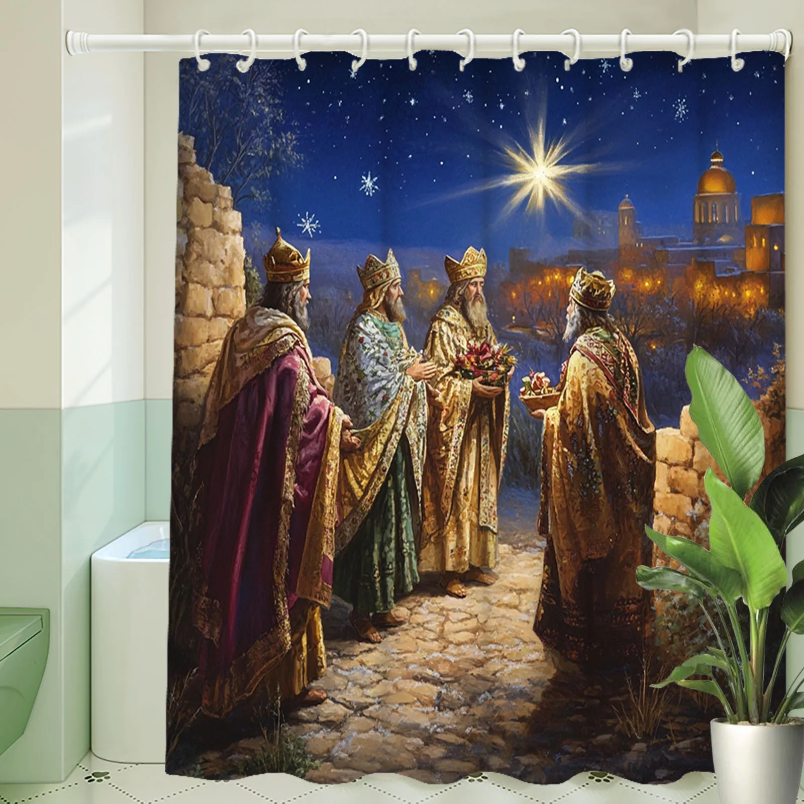 Nativity Scene Christmas Shower Curtain Blue Star Wise Men Biblical Religious Decor Bathroom Accent