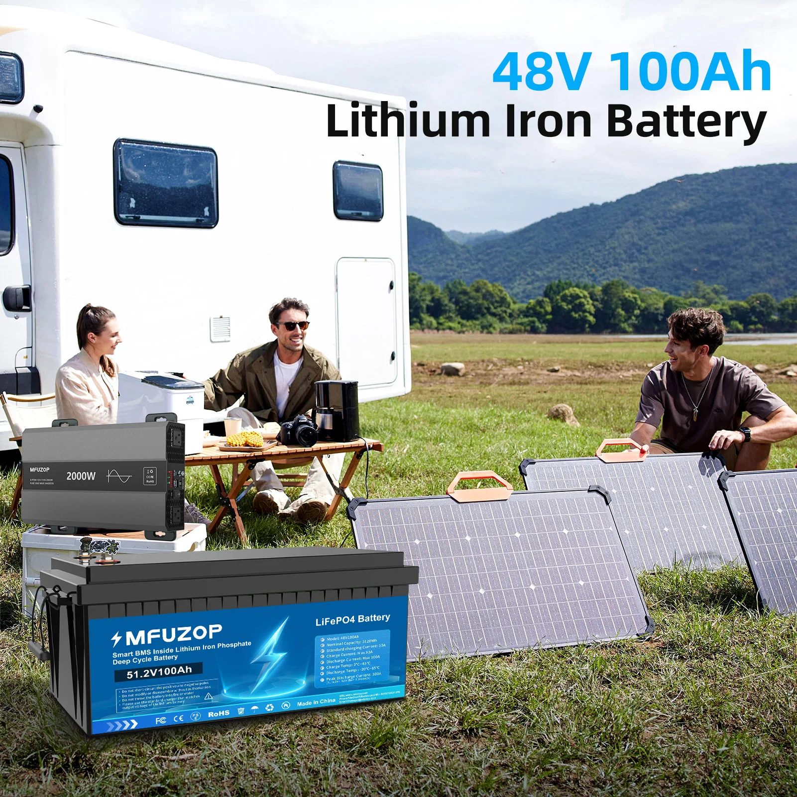 DATOUBOSS 48V LiFePO4 Bateria 100Ah 5120W Bateria de fosfato de ferro e lítio BMS embutido para barco solar ao ar livre NoTax Transporte rápido