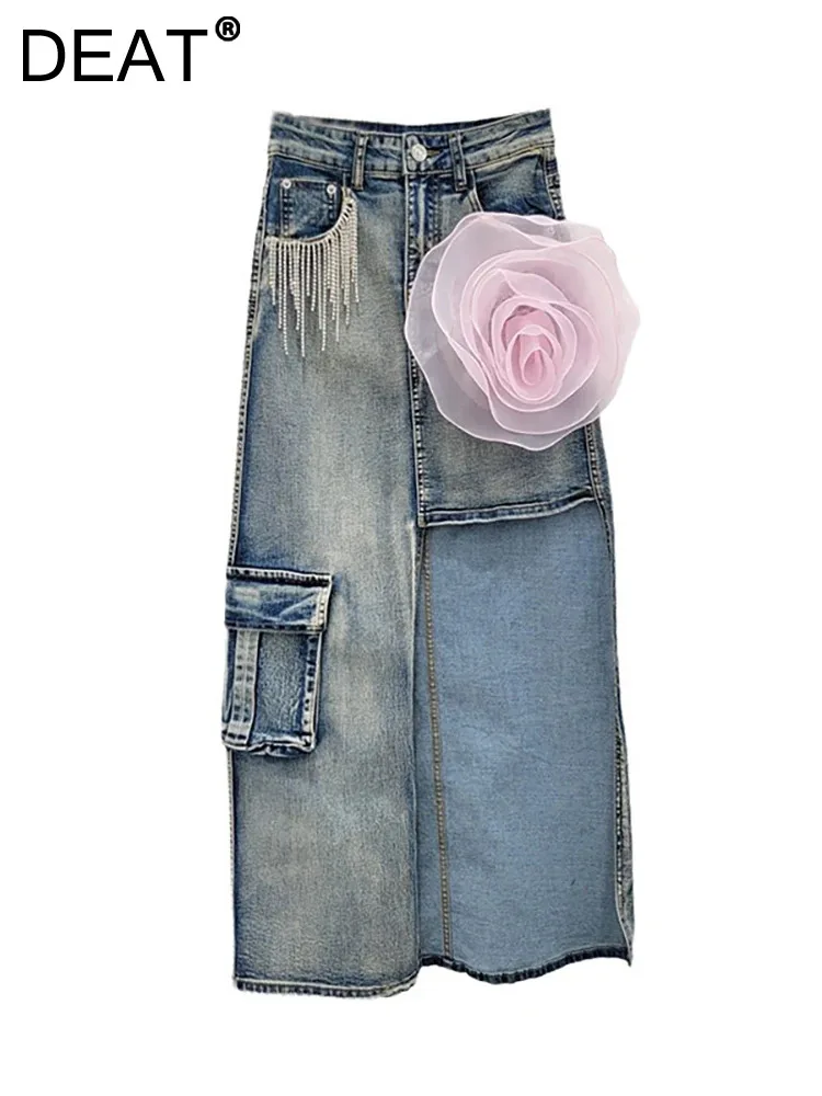 

DEAT Women's Denim Skirt High Waist Do Old Asymmetric Diamonds Tassel Flower Straight Skirts 2024 Summer New Fashion 29L7859