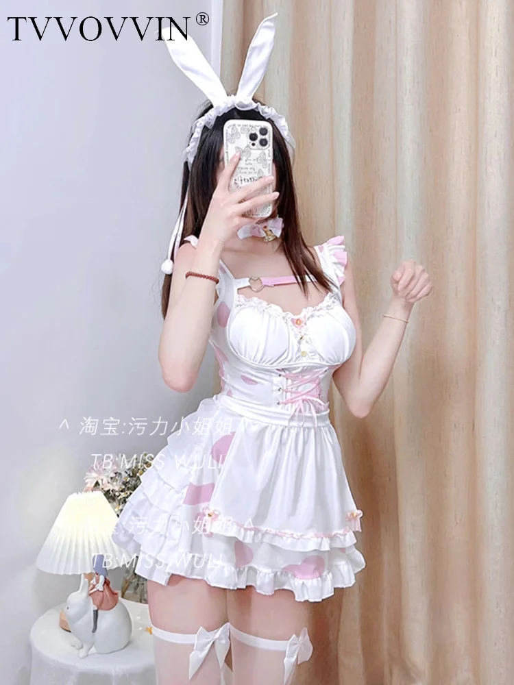 

Cute TVVOVVIN Rabbit Girl Maid Mini Dress Sexy Female Cosplay Kawaii Cow Uniform Hot Korean Women JK Lolita Robe Sweet U5E1