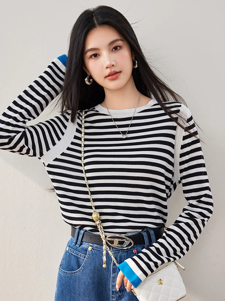 Stripe Knitted Sweater Women 2024 Autumn Winter Loose Casual Pullovers Female Temperament Long-sleeved Round Neck Tops