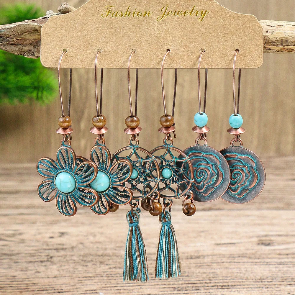 Vintage Bronze Big Tassel Drop Earrings Set Women Ethnic Blue Stone Feather Flower Geometric Earrings Jewelry 2023 Accessories