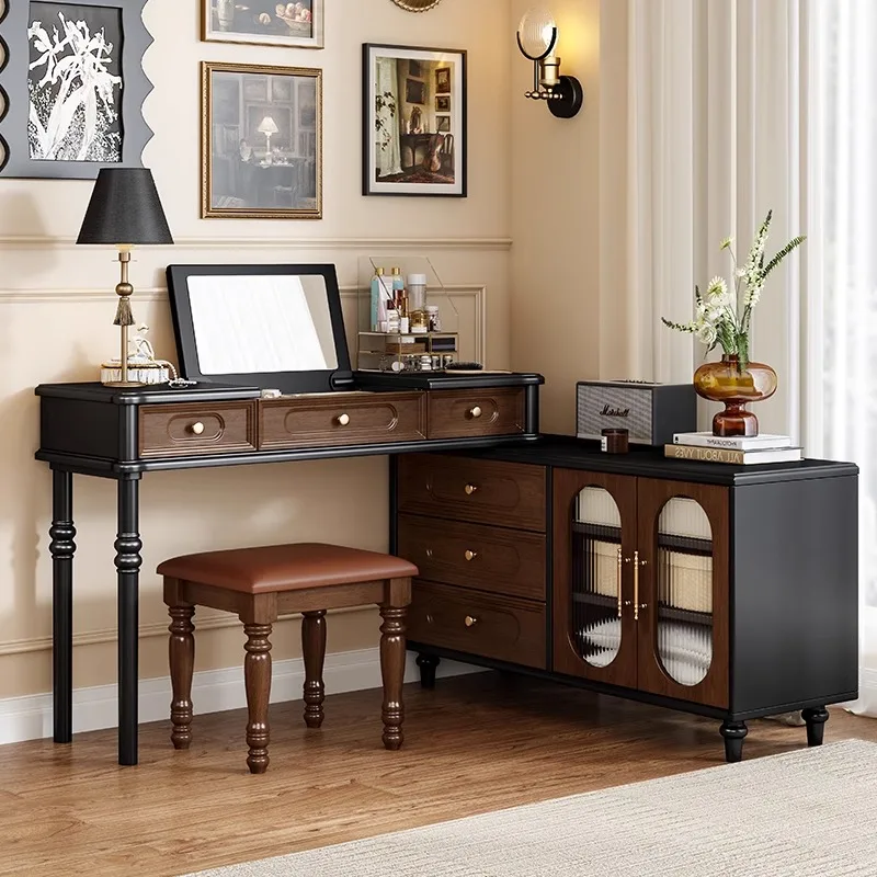 

Makeup Cabinet Vanity Table Bedroom Storage Drawers Mirror Black Dressing Table Corner Wood Mesa De Maquillaje Chinese Furniture