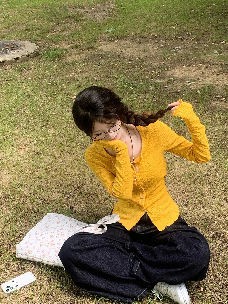 Yellow Long Sve Knitted Open Cardigan T-irt Women's Spring Autumn Slimming ort Sle Unique Design Faionable Top