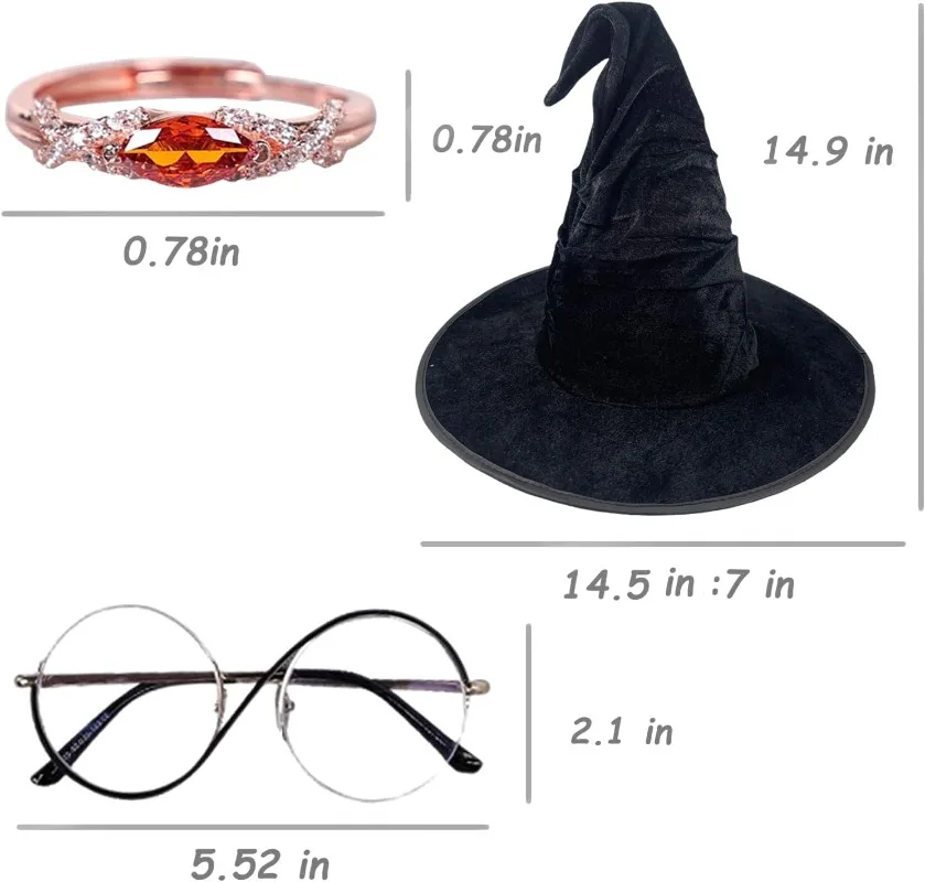 3 pcs cosplay glasses, witch hat, and witch ring accessories for Halloween movie cosplay props