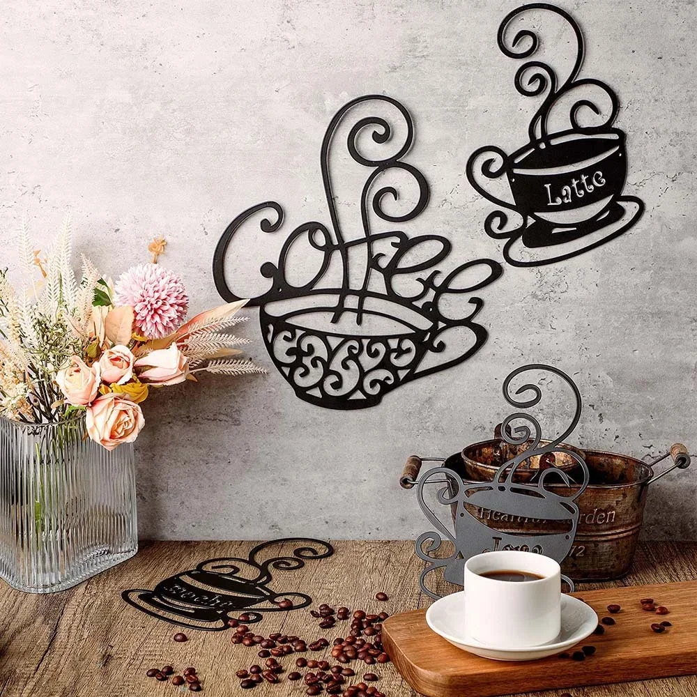 CIFBUY Deco 4pcs Coffee Metal Iron Signs Black Silhouette Wall Hanging Plaque Dining Room Kitchen Cafe Decoration Metal Wall Han