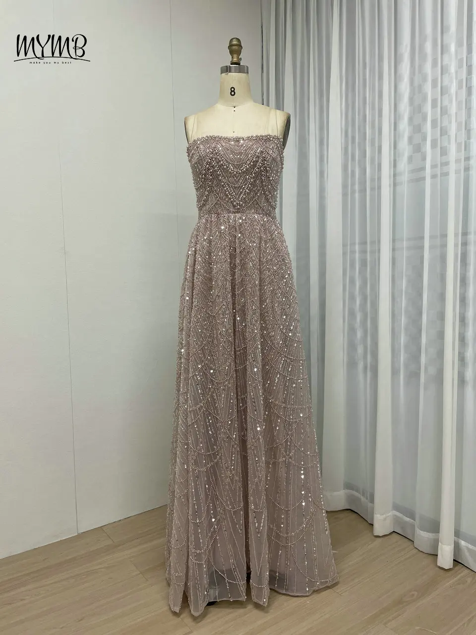 MYMB Champagne Stunning Beaded A-Line Girls Princess Prom Party Gowns Arabic Strapless Lace Up Back Evening Dresses with Gloves