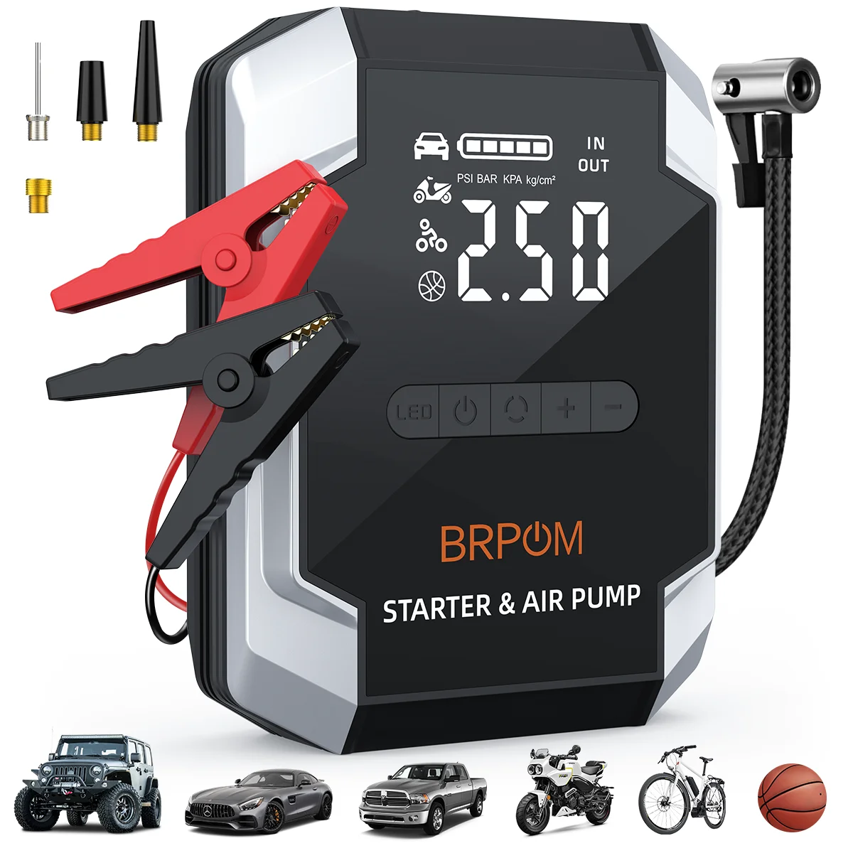 1500A peak Multi-functional Emergency Start Power Supply with Air Pump, 150PSL Portable Car Battery Starter, Digital Tire Inflator, Suitable for ALL Gasoline Or 10L Diesel Battery, LED Emergency image 3