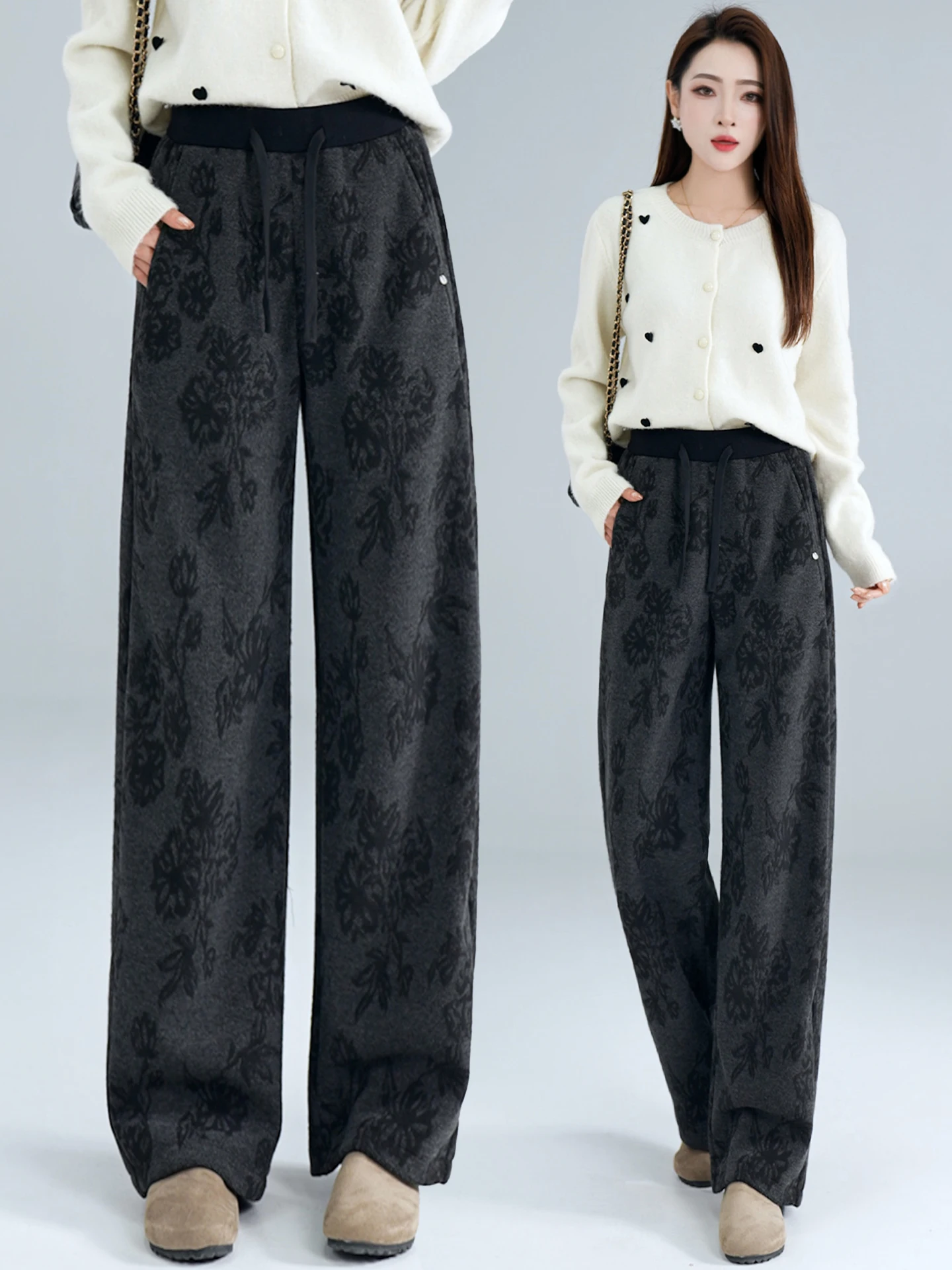 

High Waist Fleece Lined Wide Leg Pants Draped Straight Cut Trousers Autumn Winter New Style Casual Loose Comfortable Women's ...