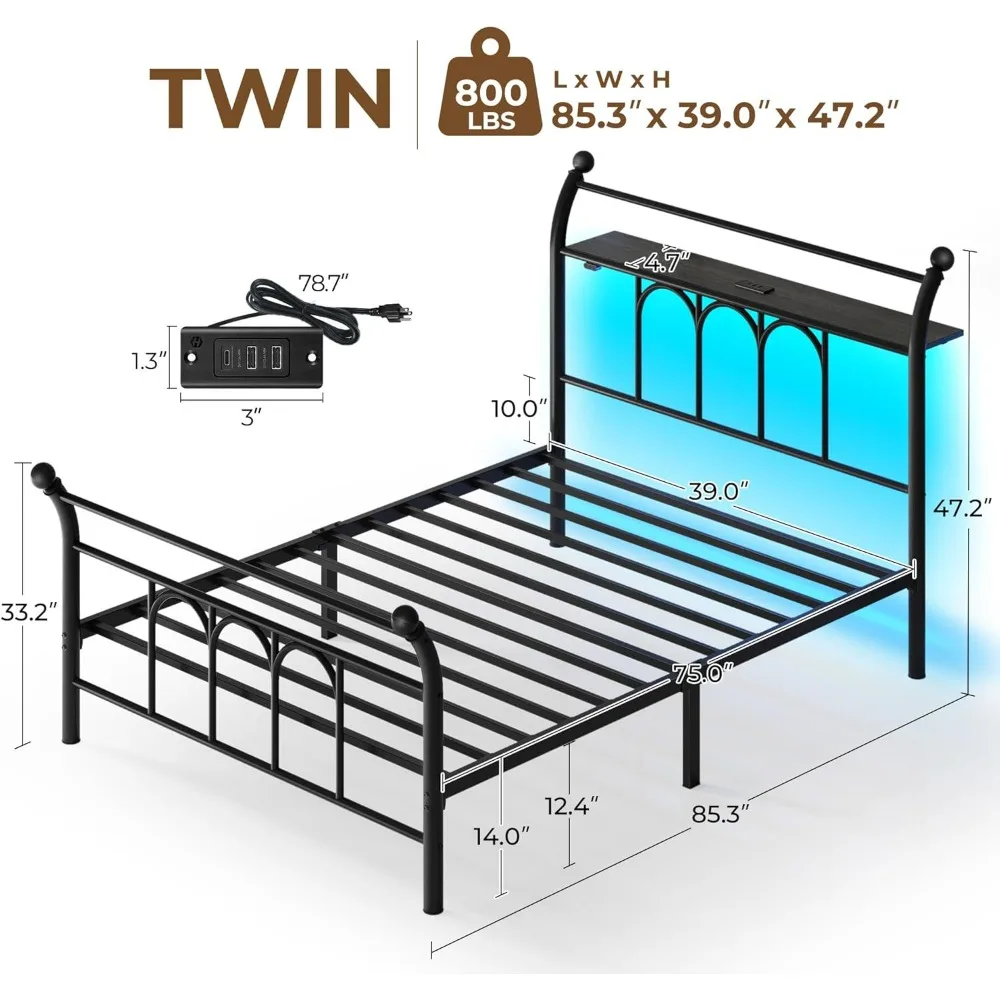 cama. Estrutura de cama de solteiro com estação de carregamento USB, estrutura de cama LED com cabeceira de armazenamento, cama de plataforma de metal preto de 14 polegadas com trenó