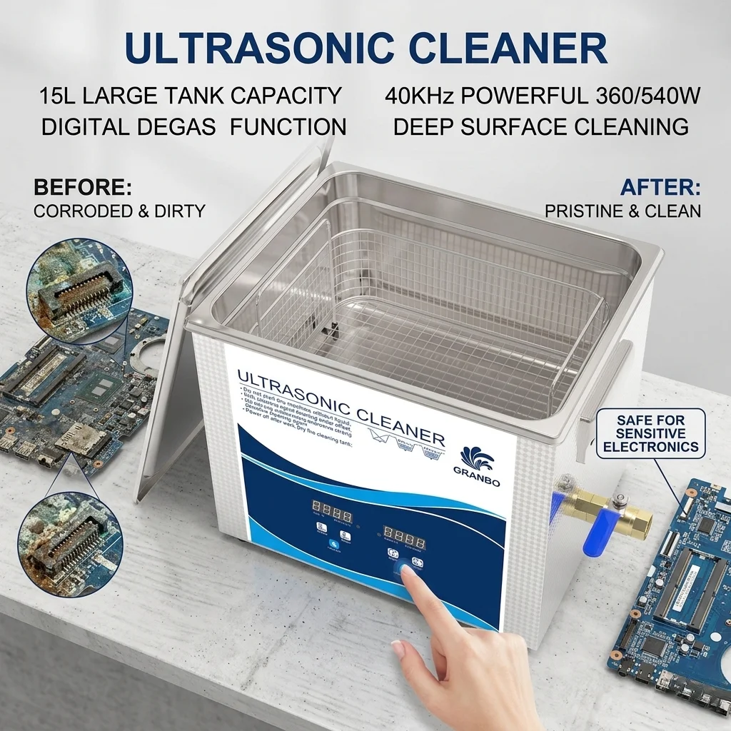 

Ультразвуковая химическая чистящая машина GranboSonic 15 л, 360 Вт/540 Вт, 40 кГц, с цифровым нагревателем и таймером