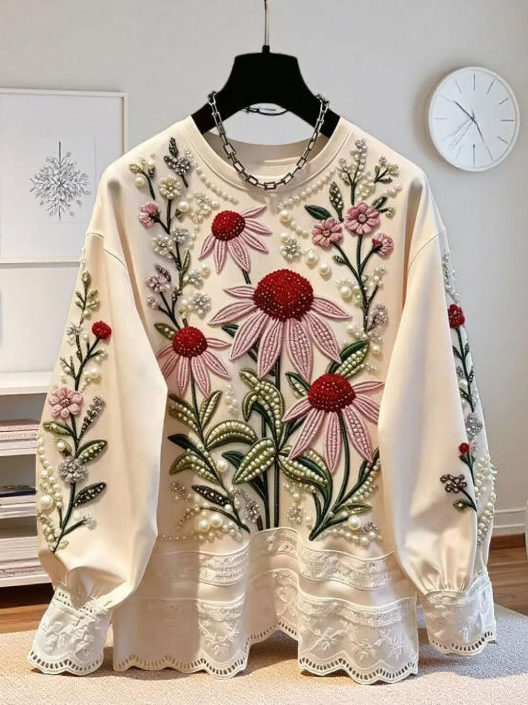 Fashionable Splice Beads Floral Women's Top Luxury Glue Drill Summer New Arrival Korean Style round Neck Long Sleeve T-shirt