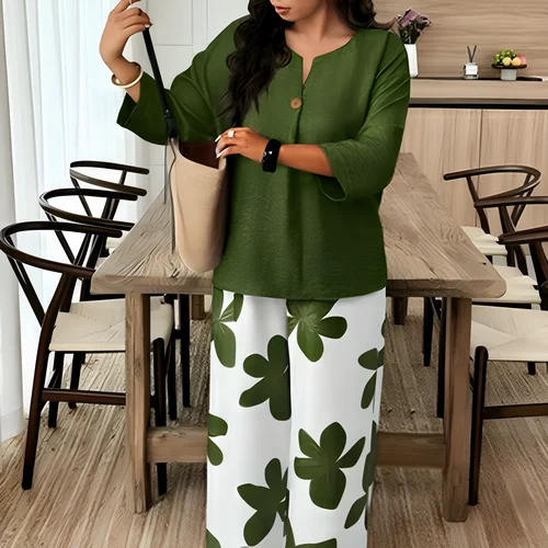 Plus-size Women's Military Green V-neck Single-button, Three-quarter Sleeve Top With White Background And Green Leaf Print,