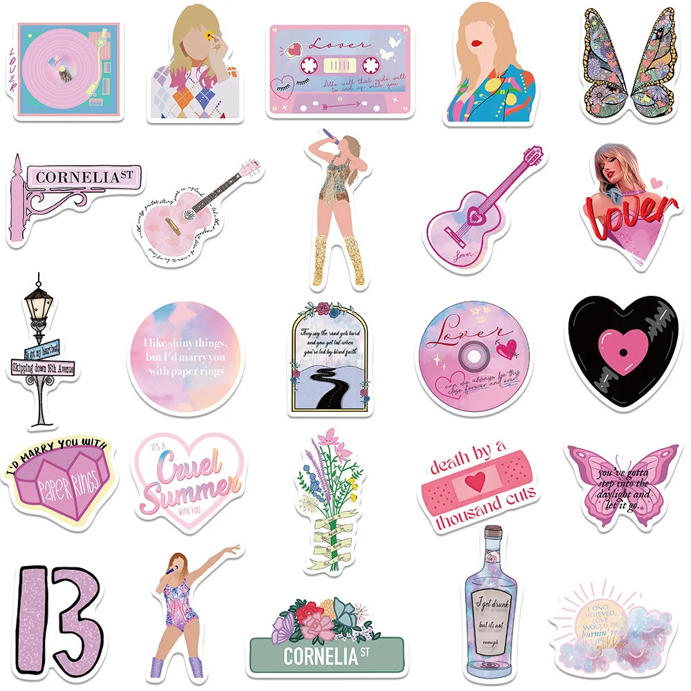 Confezione da 50 adesivi rosa The Eras Tour Singer, skateboard fai da te, moto, valigia, cancelleria, decalcomanie, decorazione, telefono, laptop