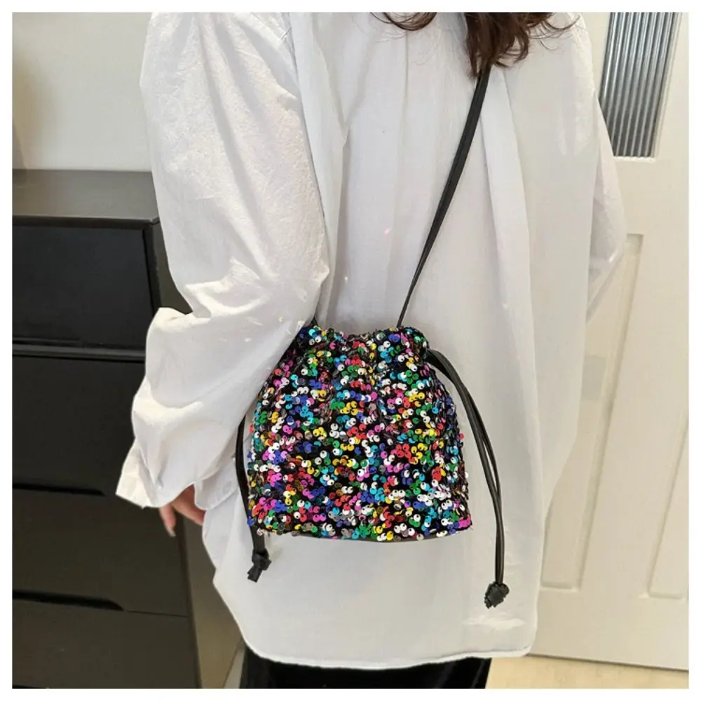 Fashion Versatile Sequin Shoulder Crossbody Bag Trendy Simple Women Small Handbag Drawstring Bucket Bag Party Wallet Purse