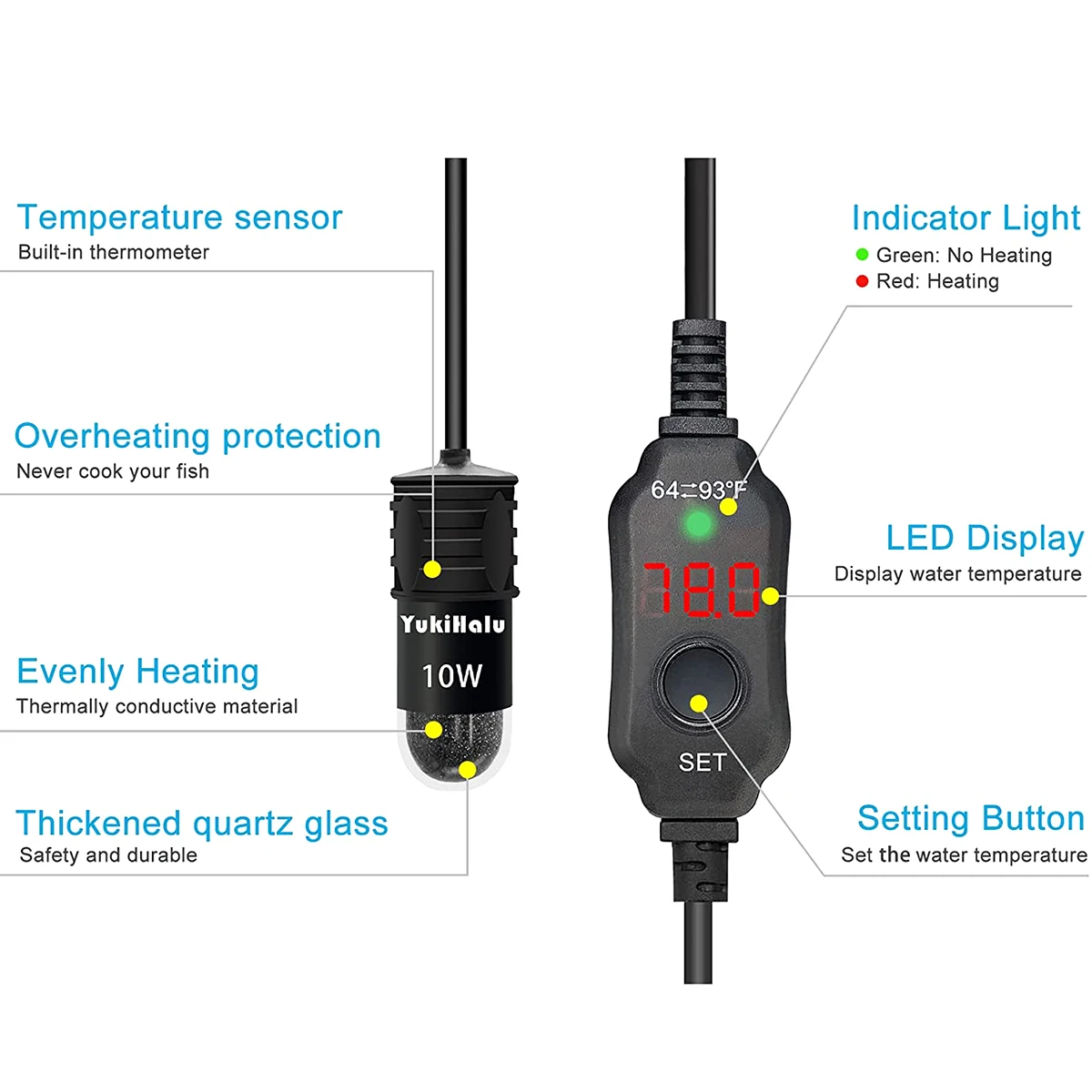 10W Mini Aquarium Heater for Small Fish Tank Constant Temperature Heater with Digital Display Adjustable 5V/2A USB heating rod