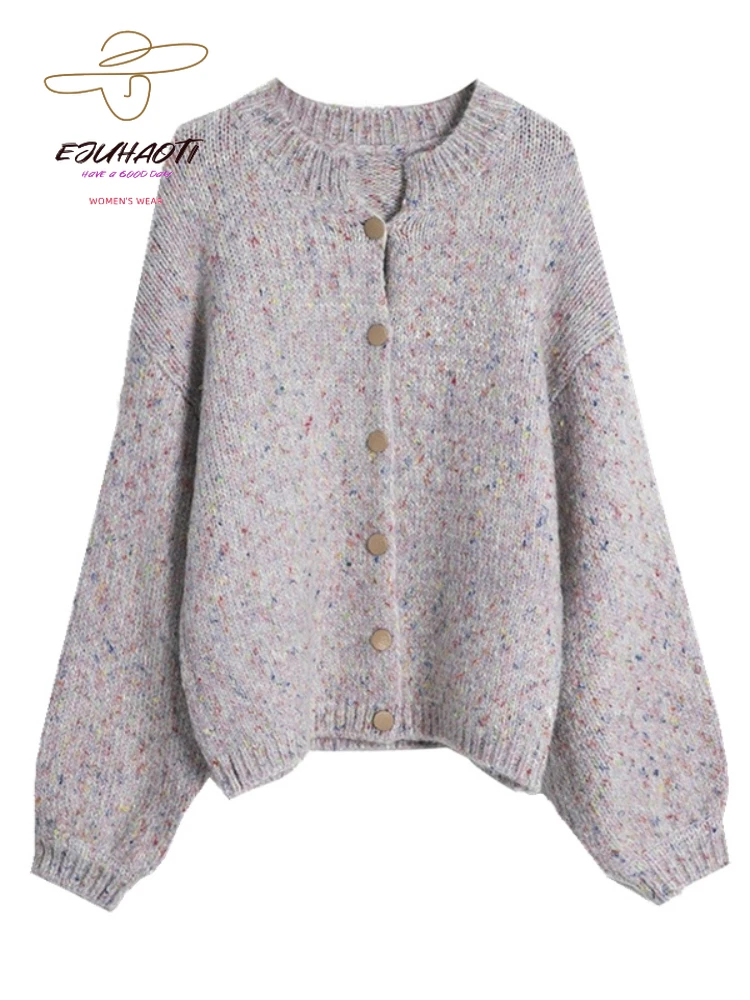 Women\'s Korean Fashion Sweater Cardigan Winter Retro Colour Mixture Yarn Knitwears Lantern Sleeves Coat Girls Sweet Pink Tops