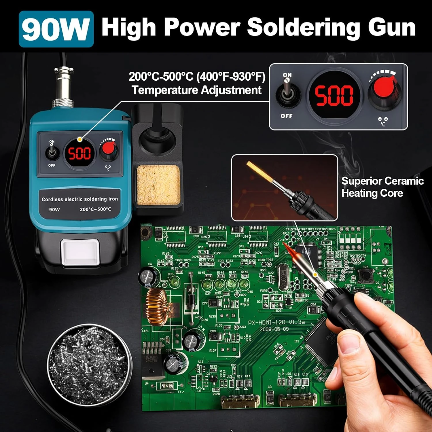 Für Makita 18V Akku-Lötkolben 90W, LCD-Digitalstation mit 5 Spitzen, 200-500 ° C für Elektronikreparatur – Detail 9