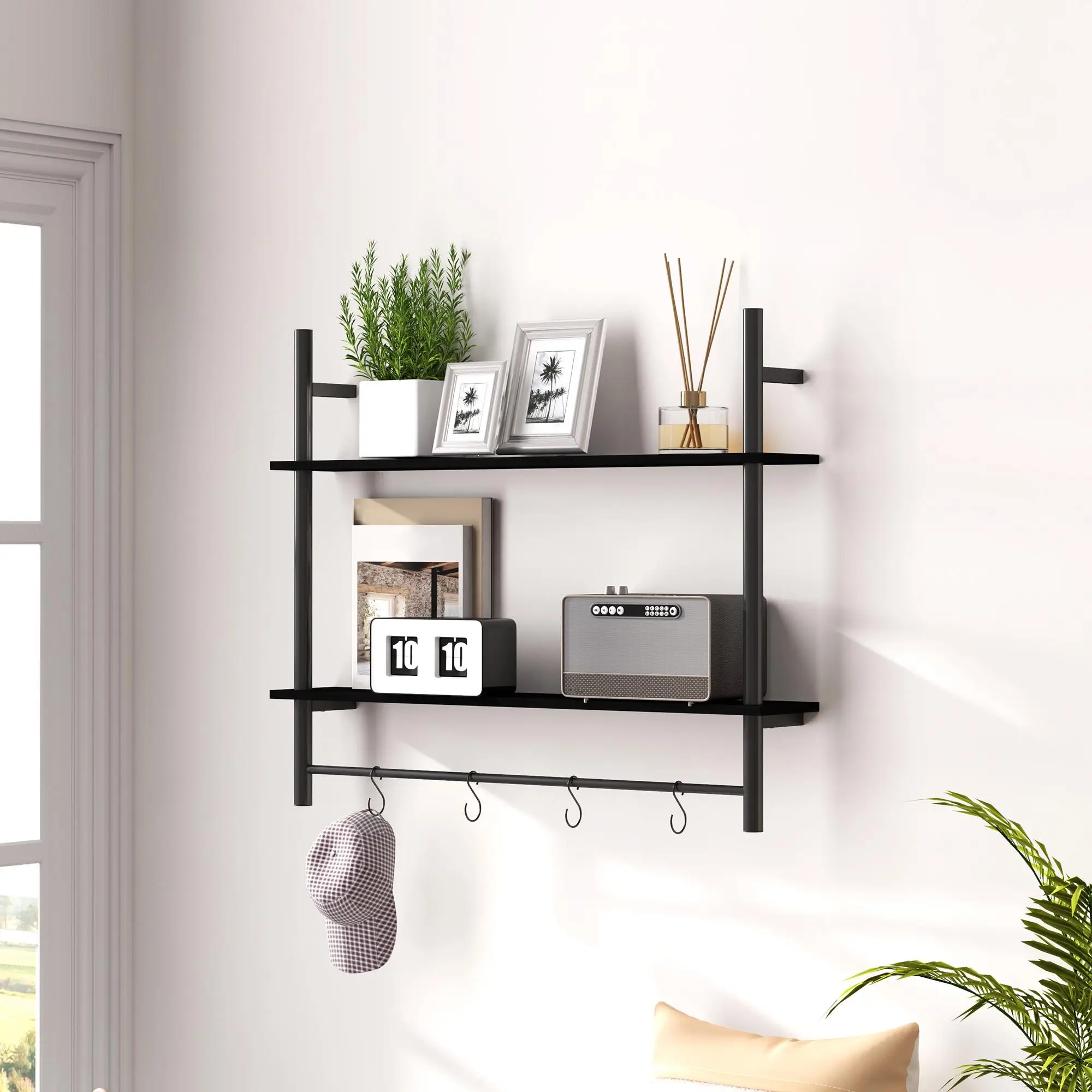 Étagère murale 2 niveaux avec 4 crochets en S, structure en bois mélaminé et acier 80x24x65cm, fixation murale pour cuisine et salle de bain, capacité de charge jusqu'à 21kg