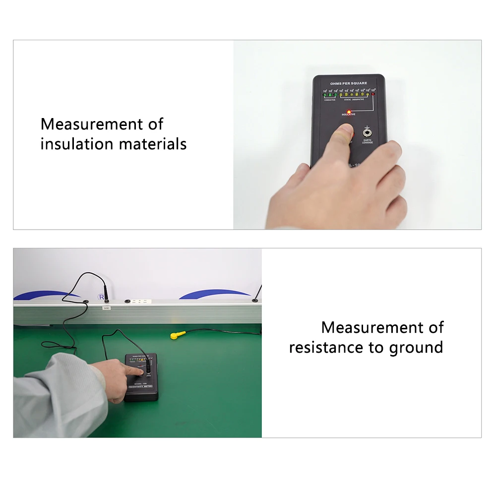 MODEL-100 Fajlagos ellenállás Időmértékes verselés Elektrosztatikus Statikai Szikrakisülés felszínen Szabadkozás teszter Ohm Időmértékes verselés Impedancia teszter vel Aligátor klipek