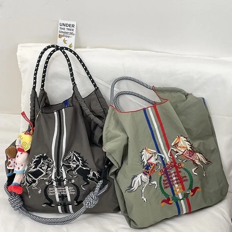 

New Large Capaci Embroidered Canvas Nylon oulder Handbag Women's Foldable op Tote Bag Sli Casual Crossbody Bag