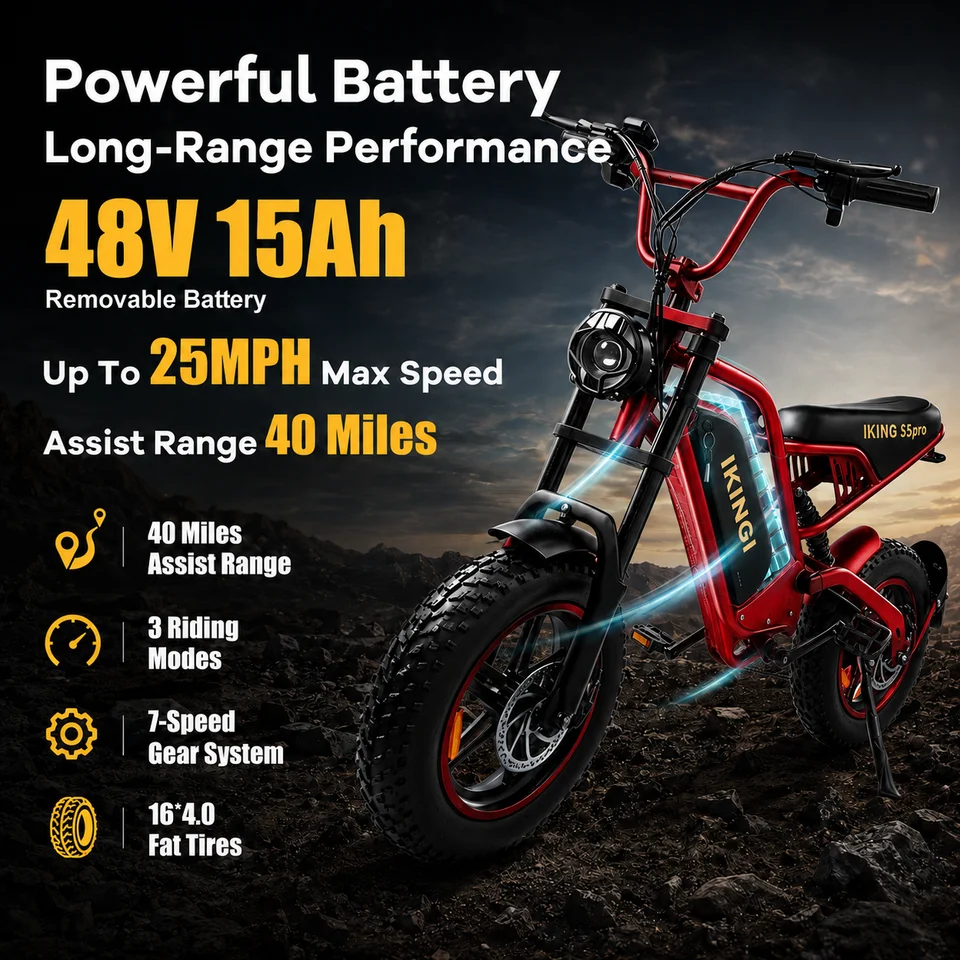 Adult Off‑Road Ebike IKINGI S5pro Full Front‑Rear Suspension 16 Inch Fat Tire 1000W Motor 25MPH Max Speed 48V15Ah Battery 7‑Speed Electric Bicycle image 5