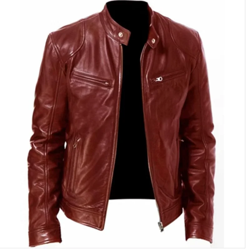 2023 Fashion Mens Leather Jacket Slim Fit Stand Collar PU Jacket Male Anti-wind Motorcycle Lapel Diagonal Zipper Jackets Men