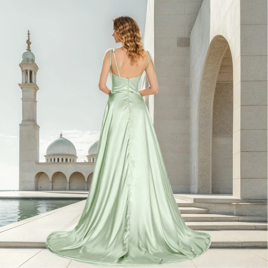 BABYONLINE 2025 Abito da sera di lusso con cinturino per spaghetti senza maniche Backless Abiti da ballo in raso A-Line Train Abiti estivi con spacco alto