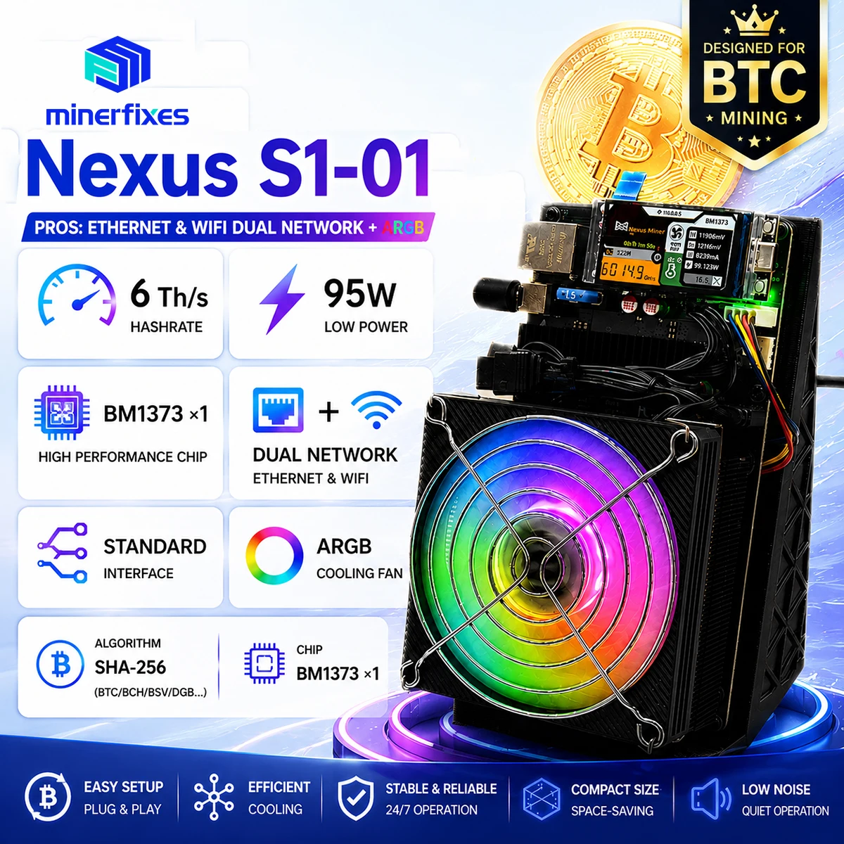 BM1373 Solo Miner Nexus S1-01 SHA256 6TH/s Bitcoin Miner BM1373 Asic-Chip 95W Niedriger Stromverbrauch ARGB Doppellüfter Krypto-Mining-Maschine