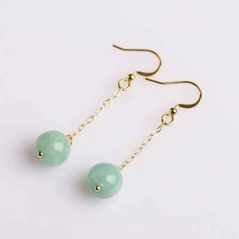 Natural full color natural old jadeite jade plain bead earrings transfer round bead oil green earrings original design