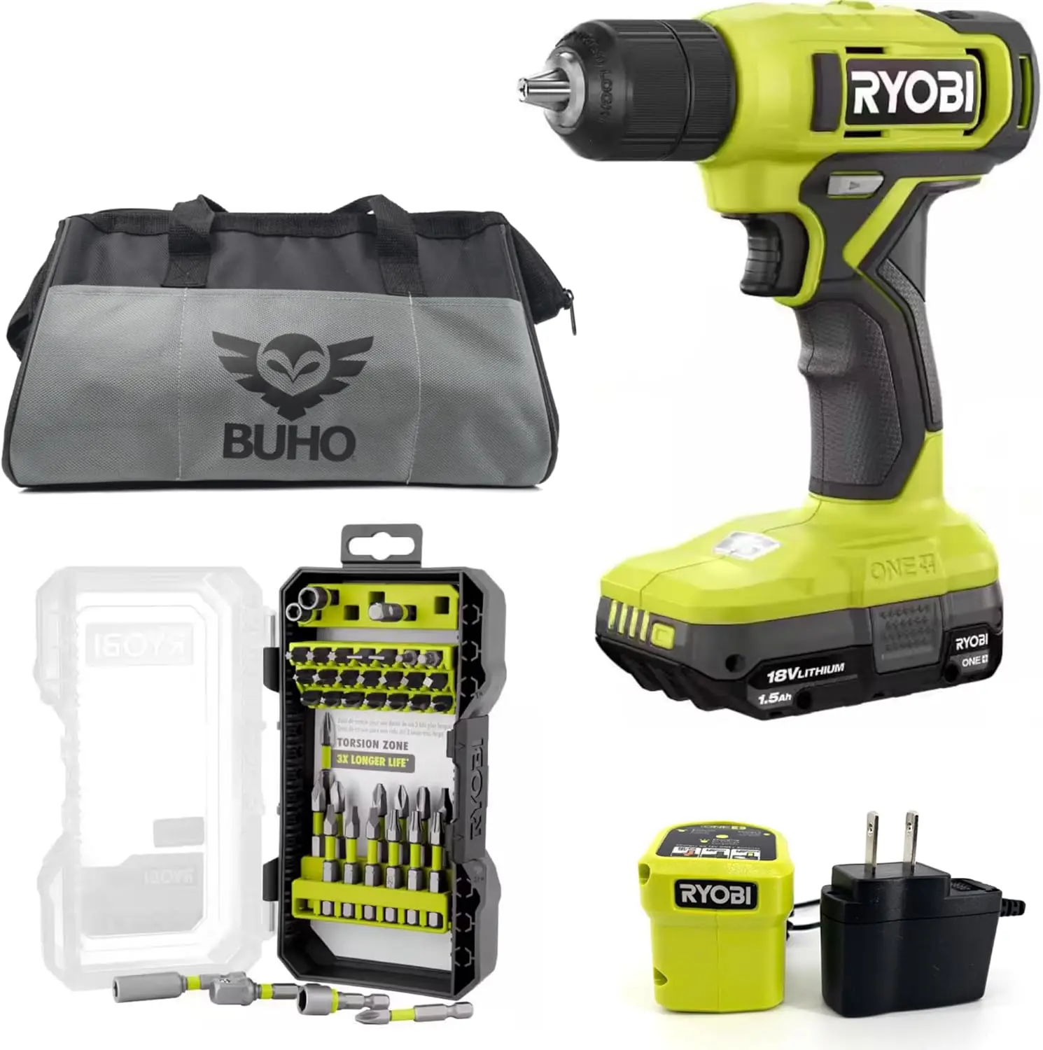 Set Bundle with Ryobi 18V ONE+ Drill Driver, 3/8 Inch Chuck, 40 Piece Drill Bit Set, 1.5 Ah 18-Volt Lithium-ion Battery, 18-Volt