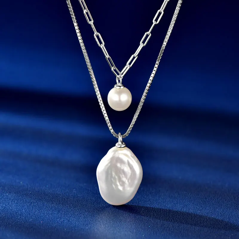 

​RAPRGOLD Natural Fresh Water Baroque Pearl Pendant Necklace 925 Sterling Silver Paper Clip Chains For Women Fine Jewelry Gifts