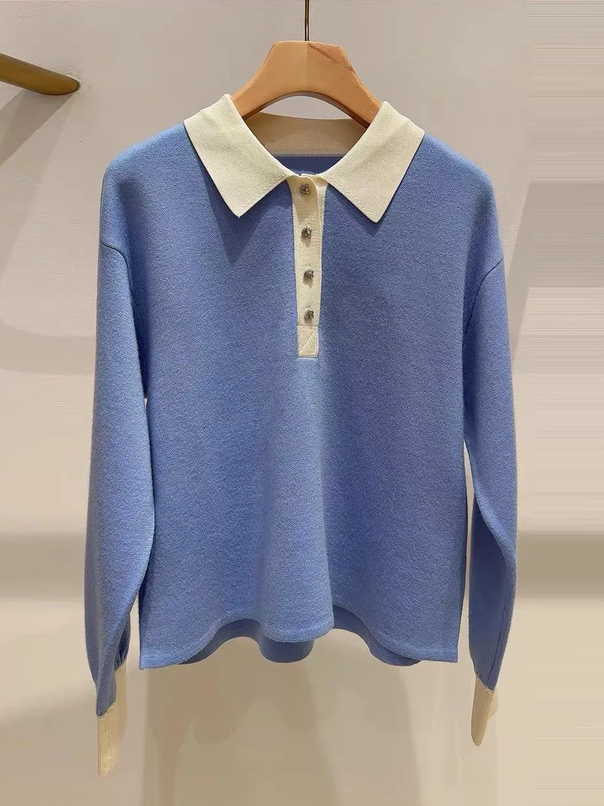 High-End Version Casual Style Color Block Shirt Collar Long Sleeve Knitted Top Women's Fashion Elegant Loose Fit Winter Sweater