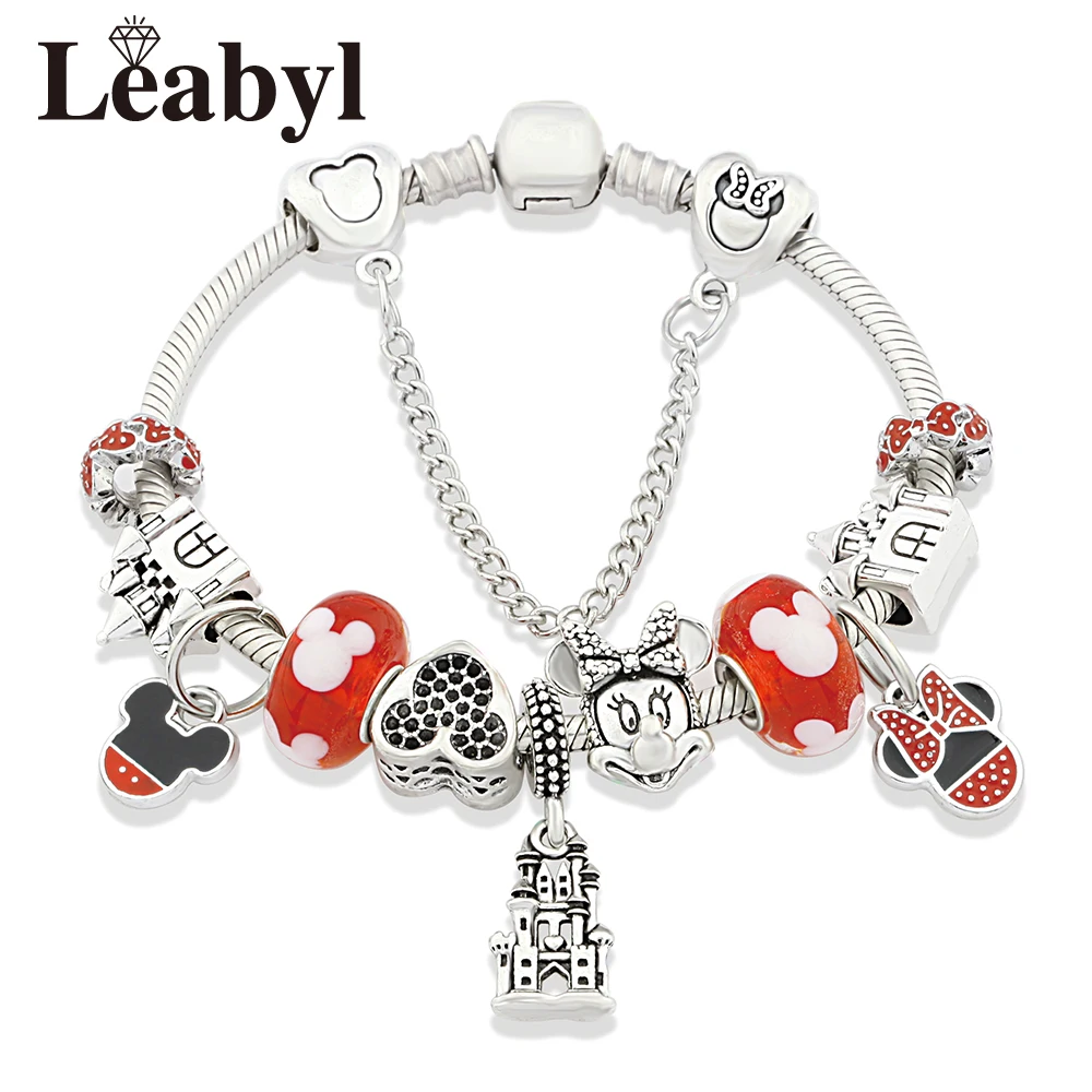 Casual Disney Mickey Minnie Castle Pendant Charm Bracelet Red Crystal Enamel Heart Castle Bead Jeweley for Women Girl Boy Gift