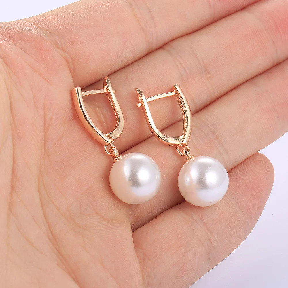 585 Rose Gold Color Chic Earrings For Women Girls White Pearl Drop Dangle Earrings Party Wedding Jewelry Gifts Wholesale LGE360A