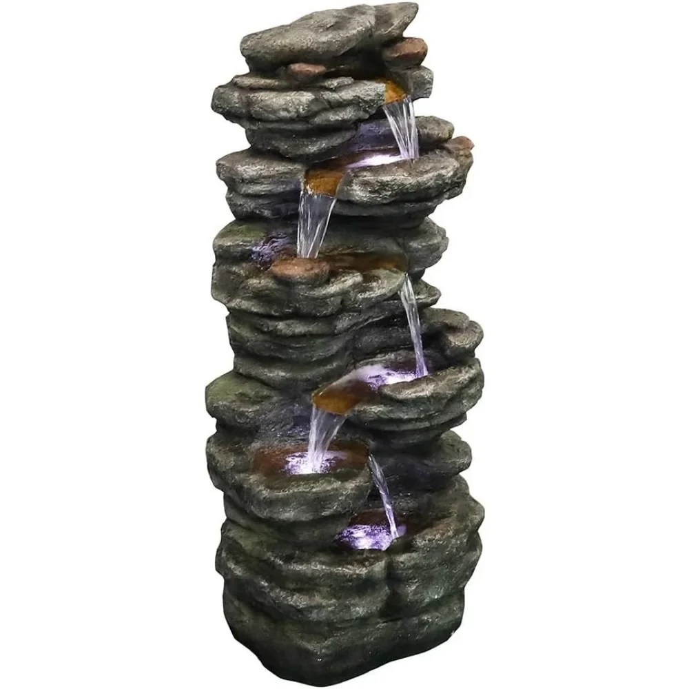 Fonte de cachoeira ao ar livre com luzes LED, decoração de casa e escritório, 40 "H, 6-Tier